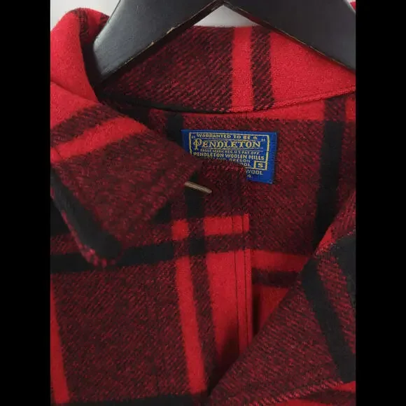 VTG PENDLETON Sz US S Black Red Buffalo Plaid Mackinaw Hunting Jacket 4 Pocket